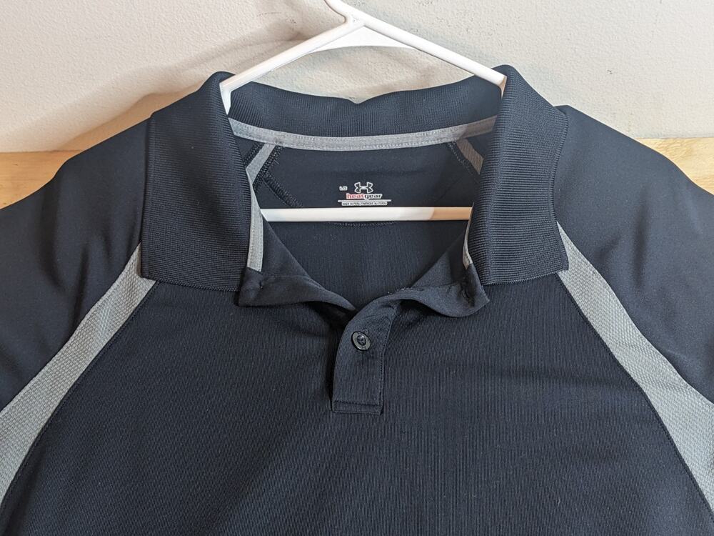 Under Armour Heat Gear Polo Golf Shirt Black Gray Size LARGE Men's